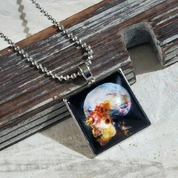 Handcrafted Nebula Skull Square Glass Cabochon Pendant  Necklace - Picture 1 of 4